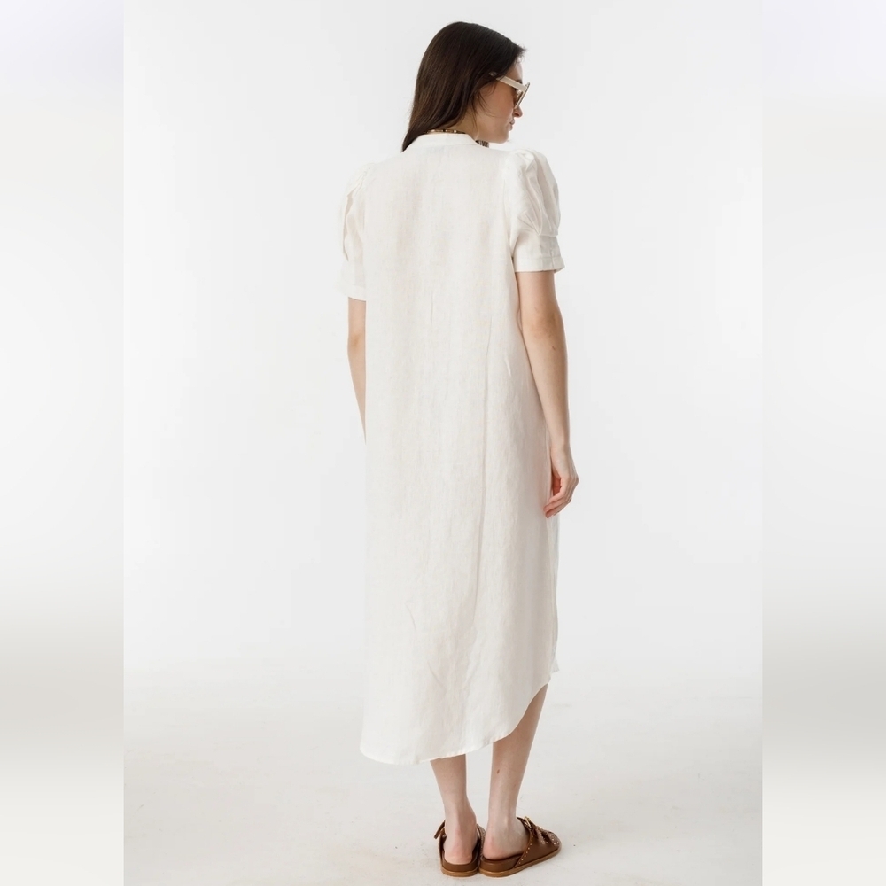 Lanhtropy Athina Midi Linen Dress Off-White Women's Small SHELL Buttons Beachy - Picture 2 of 11